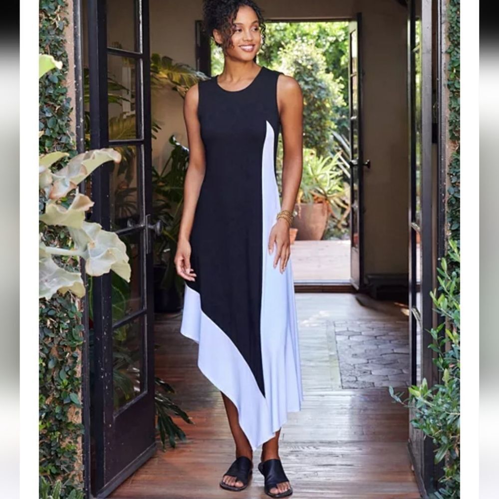 Karen Kane Asymmetric Hem Midi Dress Size XL Color Block White And Black